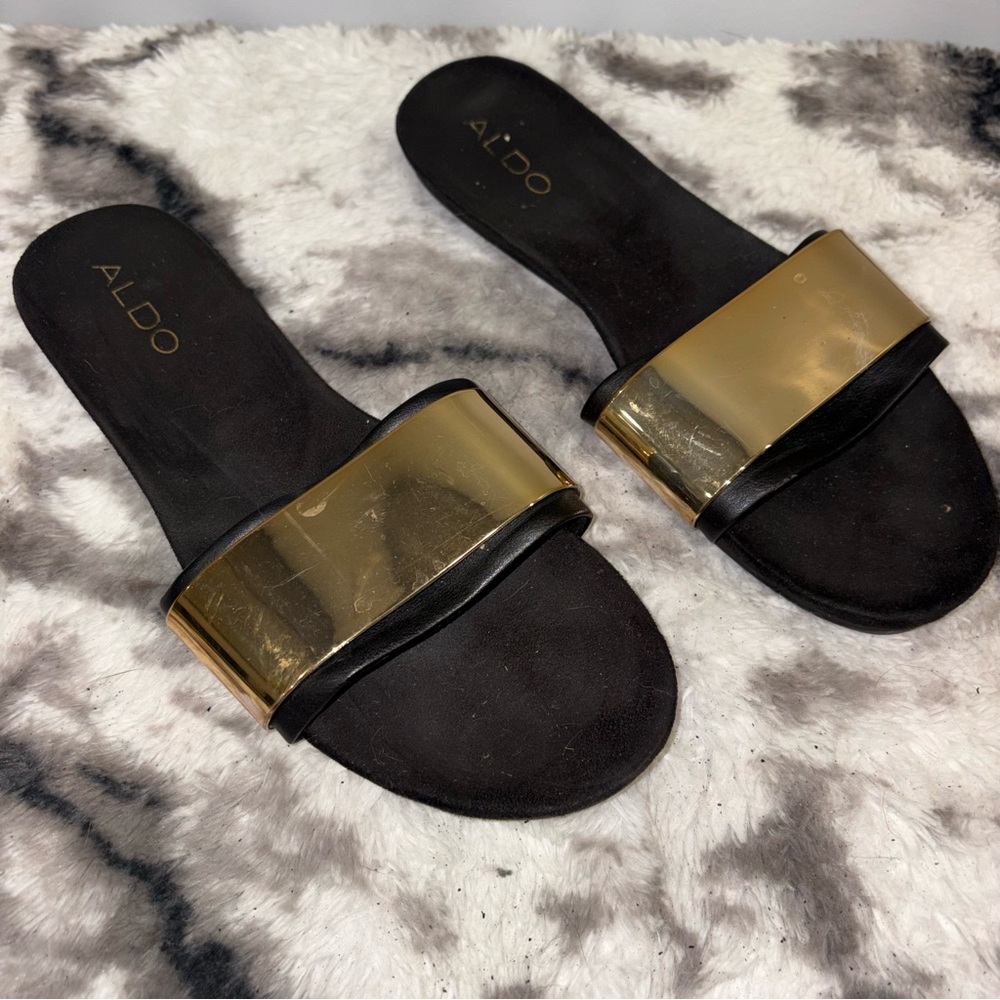Aldo Women's Black and Gold Slide Sandals